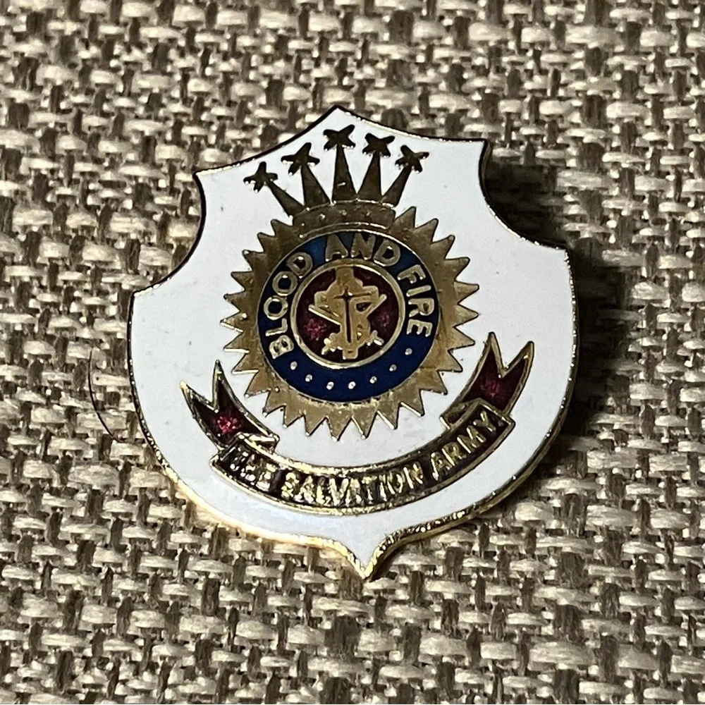 Vintage White Enamel Salvation Army Blood and Fire Pin Pinback Brooch Badge